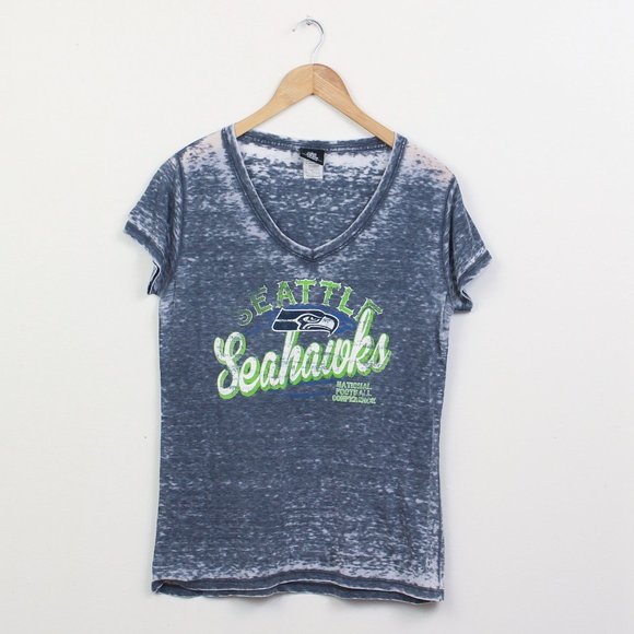 Seattle Seahawks Shirt Womens Large Blue NFL Burnout V-Neck Tee - Picture 1 of 5